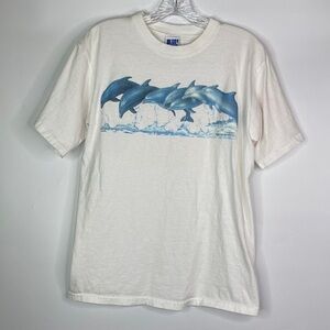Vintage Blue Wave Dolphin White Tshirt Size Medium USA